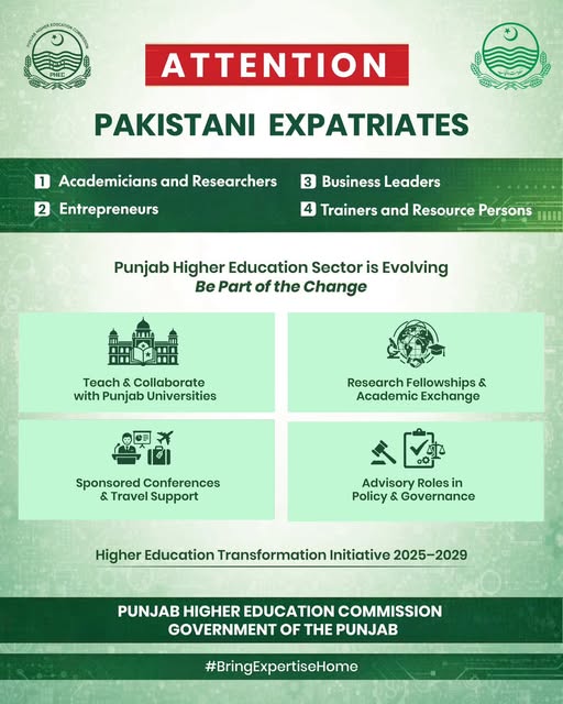 The Punjab Higher Education Commission (PHEC) is inviting expatriates to lead the Higher Education Transformation Initiative