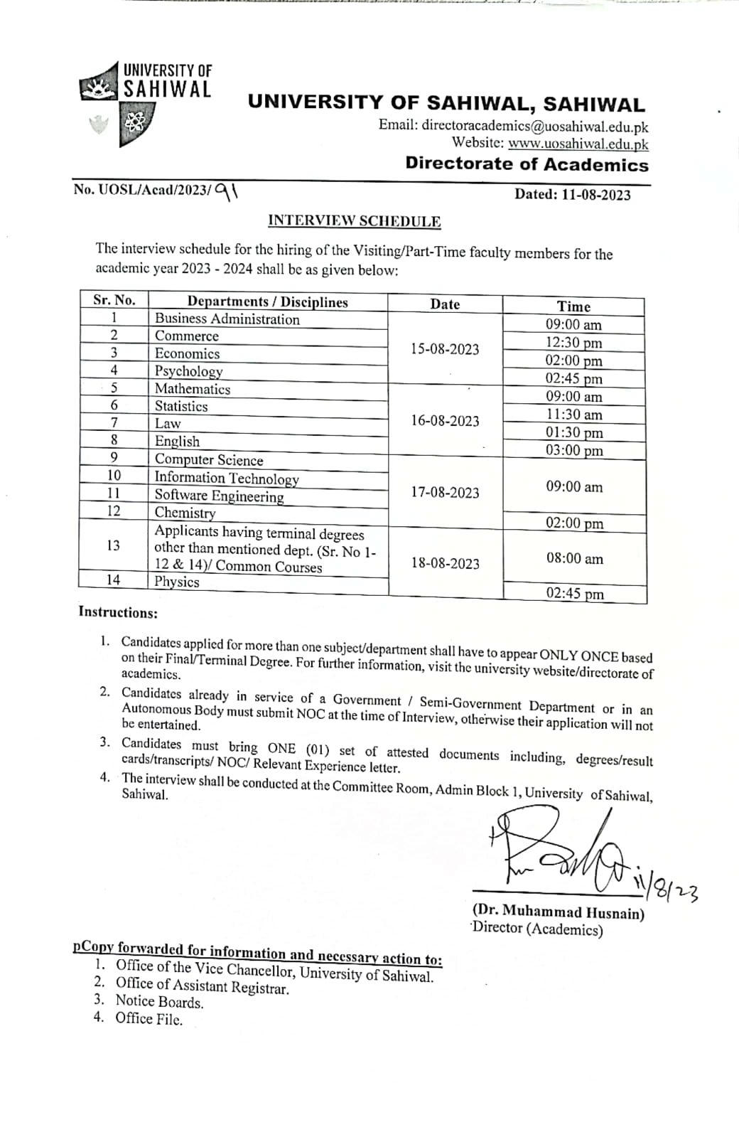 Visiting lecturer interviews of University of Sahiwal